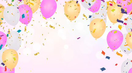Colorful balloons light pink and gold with triangular party flags, confetti and paper streamers Place for your text. Design