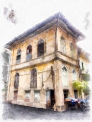 Fototapeta premium ancient building european architecture watercolor style illustration impressionist painting.