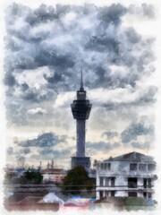 Obraz premium tall tower in the city watercolor style illustration impressionist painting