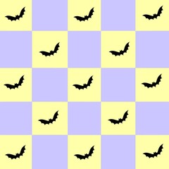 black cute bat on plaid checkered pattren, pastel color background.
