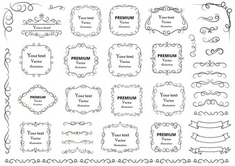 Calligraphic design elements . Decorative swirls or scrolls, vintage frames , flourishes, labels and dividers. Retro vector illustration