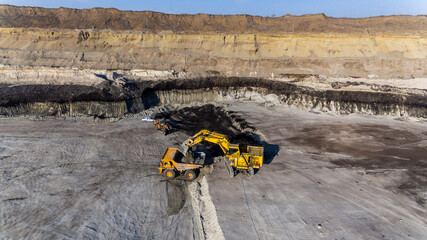 Industrial work in an open pit coal mine. View from above. A large excavator pours soil into a large yellow dump truck.
