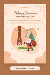 Flat Illustration, Poster Template with santa claus, christmas tree and gifts