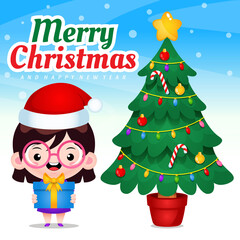 Happy Cute Girl Holding Gift Celebrating Christmas And New Year