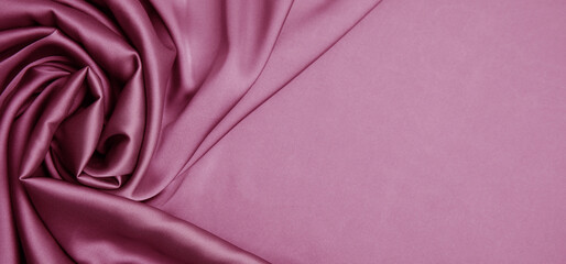 Pink silk fabric as background, top view with space for text. Banner design