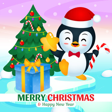 Happy Cute Penguin Celebrating Christmas And New Year On Iceberg