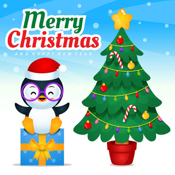 Penguin Sitting On Gift Box Celebrating Christmas And New Year
