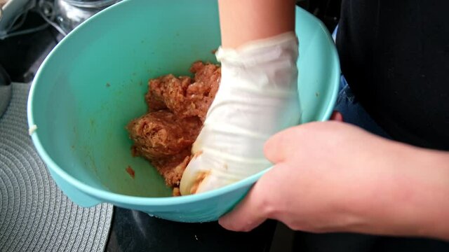 Caucasian Woman in Kitchen Preparing Beef Steak Tartare by Kneading Squishing and Mixing Raw Uncooked Minced Meat with Her Hand Wearing Latex Protective Glove to Avoid Salmonella