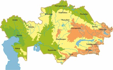 Vector physical map of Kazakhstan. State in Central Asia, territory with mountains, rivers, steppes and valleys. Caspian Sea.
