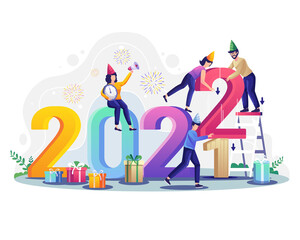 People Celebrate New Year 2022. Tiny People changing numbers concept. Characters with gift boxes and fireworks. Flat Vector Illustration