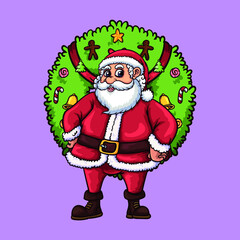 Hand drawn cute christmas character Santa Claus and Christmas wreath