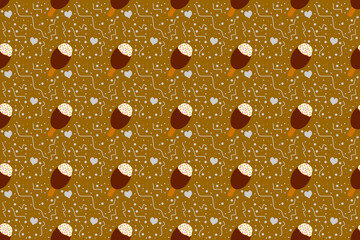 Seamless cute ice cream stick pattern on brown background with doodles.