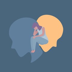 Depression anxiety,bipolar disorder,Symptoms of the disease,Woman problem suffering confusion from depression,sadness,insomnia, negative thoughts,head of bad mood,mental health,Vector illustration.