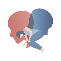 Depression anxiety,bipolar disorder,Symptoms of the disease,Woman problem suffering confusion from depression,sadness,insomnia, negative thoughts,head of bad mood,mental health,Vector illustration.