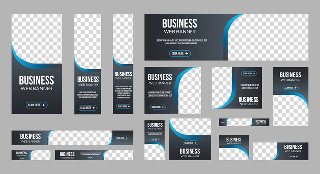 set of business web banners in standard size with a place for photos. Vertical, horizontal and square template with Gradient black and blue color . vector illustration EPS