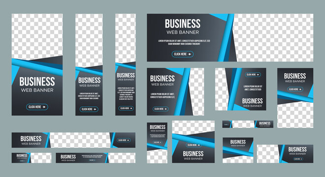 set of business web banners in standard size with a place for photos. Vertical, horizontal and square template with Gradient black and blue color . vector illustration EPS