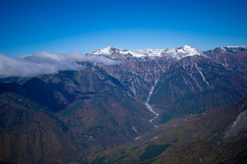 Naklejka premium 霞沢岳、乗鞍岳、上高地、穂高岳などを見るために、長野県松本市の晩秋の雪が積もる焼岳を登山する風景 Scenery of climbing Mt. Yakedake with snow in late autumn in Matsumoto, Nagano Prefecture to see Mt. Kasumisawa, Mt. Norikura, Kamikochi and Mt. Hodaka