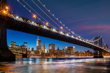Manhattan Bridge with downtown Manhattan city skyline, cityscape of New York