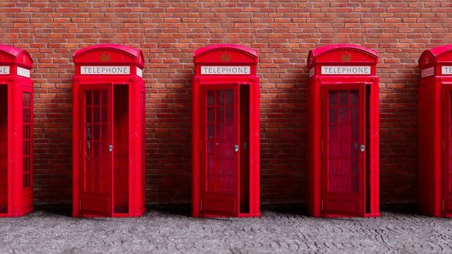 Seamless looping animation with red phone booths on the brick wall background.