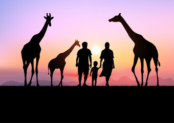 graphics landscape view father mother and son with a giraffe at the forest with mountain background and twilight silhouette vector illustration