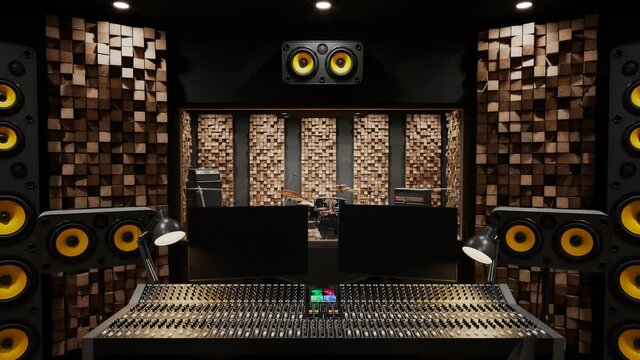 Forward push through a music recording studio into the live room
