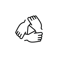 Three hands support each other line icon. Simple outline style. Team, hand, work together, partnership, group, help, concept of teamwork. Vector illustration design isolated on white background EPS 10