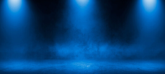 Empty dark scene blue abstract stage, neon light, spotlights, and studio room with smoke float up...