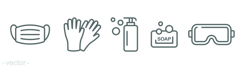 Personal protection equipment icons. Medical mask, latex gloves, soap, dispenser, protective glasses, covid 19 prevention. Outline symbols isolated. Vector illustration. Editable stroke EPS 10