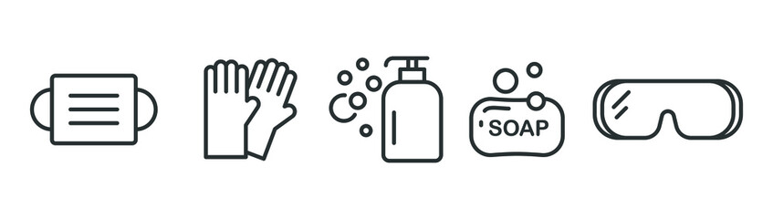 Personal protection equipment icons. Medical mask, latex gloves, soap, dispenser, protective glasses, Coronavirus, covid 19 prevention items. Line, outline symbols isolated. Vector illustration EPS 10