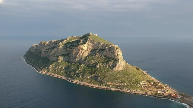 Aerial view of the old medieval castle town of Monemvasia in Lakonia of Peloponnese, Greece. Monemvasia is often called "The Greek Gibraltar"