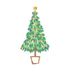 Watercolor Christmas tree illustration with colorful balls a golden star on white background