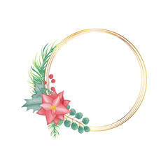 Golden Christmas wreath with watercolor poinsettia flower on white
