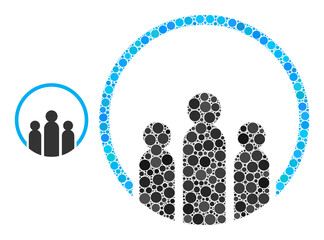 People vector collage of small circles in variable sizes and color tones. Small circles are grouped into people vector collage. Abstract vector design concept.