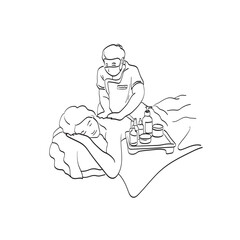 Masseur doing massage woman body with bottles of oil and hurbs illustration vector isolated on white background line art.