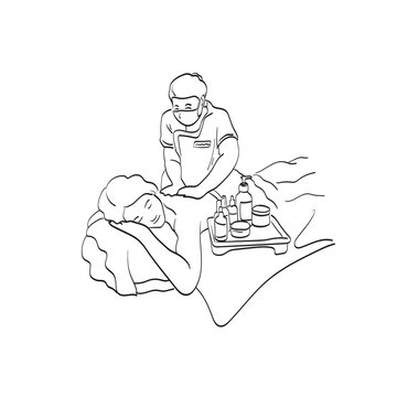 Masseur doing massage woman body with bottles of oil and hurbs illustration vector isolated on white background line art.