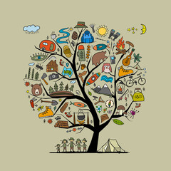 World Tourism Day. Forest and Mountain Tourism concept. Camping Art tree for your design.