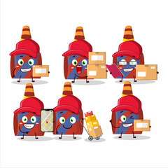 Cartoon character design of red party blower working as a courier