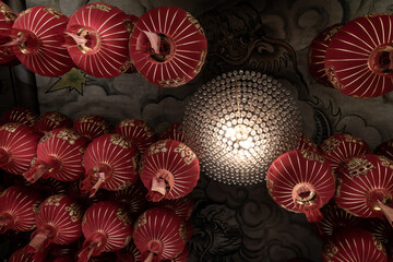 Many red Chinese lanterns in Interior at temple