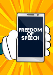 Freedom of Speech text on Smartphone screen. Cartoon vector illustrated mobile phone.