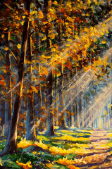 Original oil painting gorgeous forest in autumn, scenic landscape with pleasant warm sunshine fine art