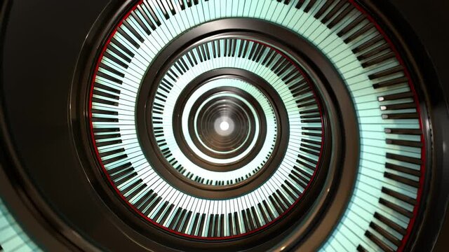 Animation of the piano keyboard. Piano keys create a spiral. Musical background.