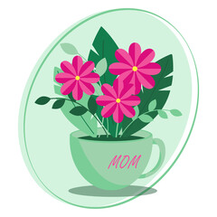 Happy Mother's Day. Vector postcard with a bouquet of flowers and a cup.
