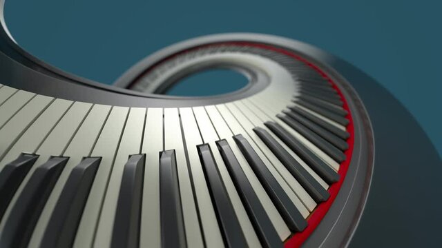 Animation of the piano keyboard. Piano keys create a spiral. Musical background.
