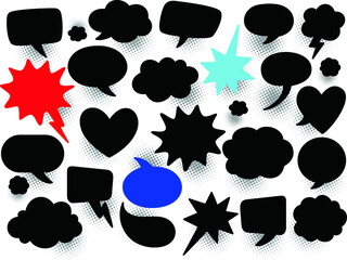 Big set comic speech bubbles with halftone dot background style pop art. Comic dialog empty cloud, space text
