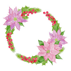 Watercolor Christmas frame with poinsettia, red winter berries, fir twigs, holly leaves.