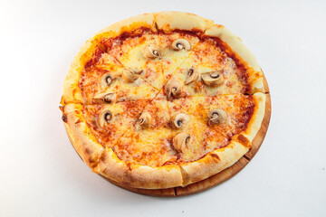 white background, pizza with mushrooms