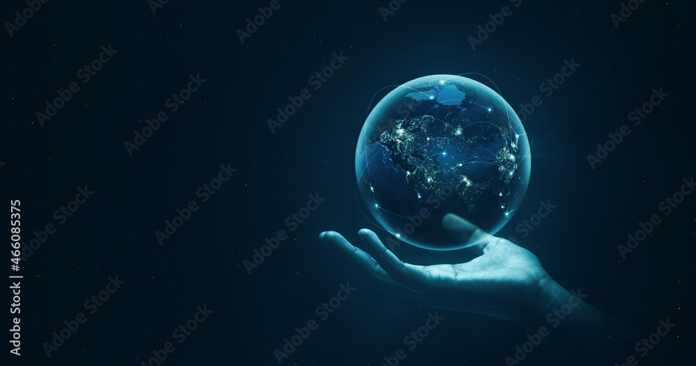 Poster Hand holding global virtual internet world connection of metaverse technology network digital communication and worldwide networking on connect 3d background. Elements of this image furnished by NASA.