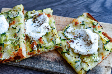   Italian  Focaccia   with zucchini  and  ricotta cheese with crispy crust  . Full 72 hour pizza dough   fermentation   method. Roman style pizza slice 