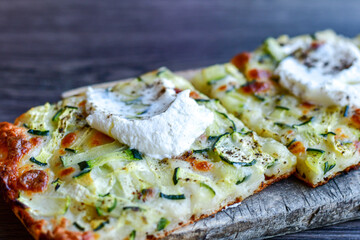   Italian  Focaccia   with zucchini  and  ricotta cheese with crispy crust  . Full 72 hour pizza dough   fermentation   method. Roman style pizza slice 