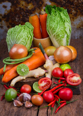 fresh vegetables on old wooden table. food nature